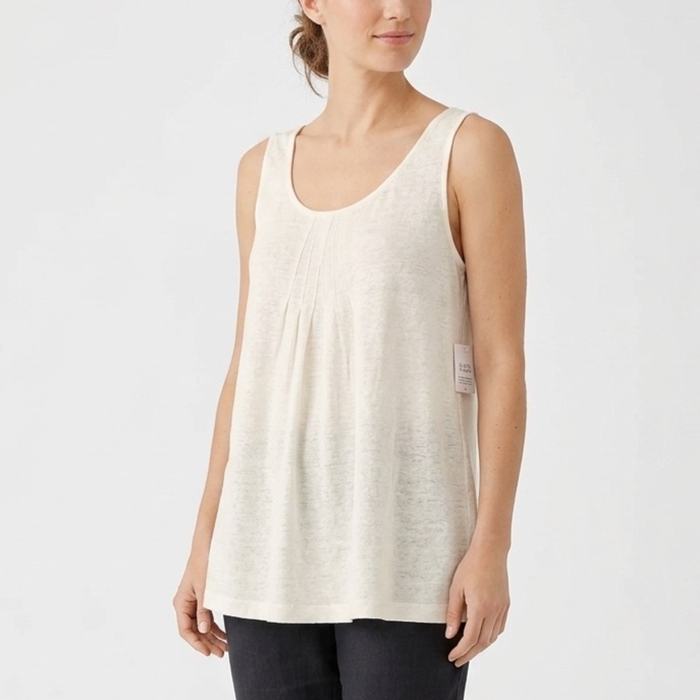 EILEEN FISHER Linen Knit Tank Top Off White Scoop Neck Relaxed Tunic M
